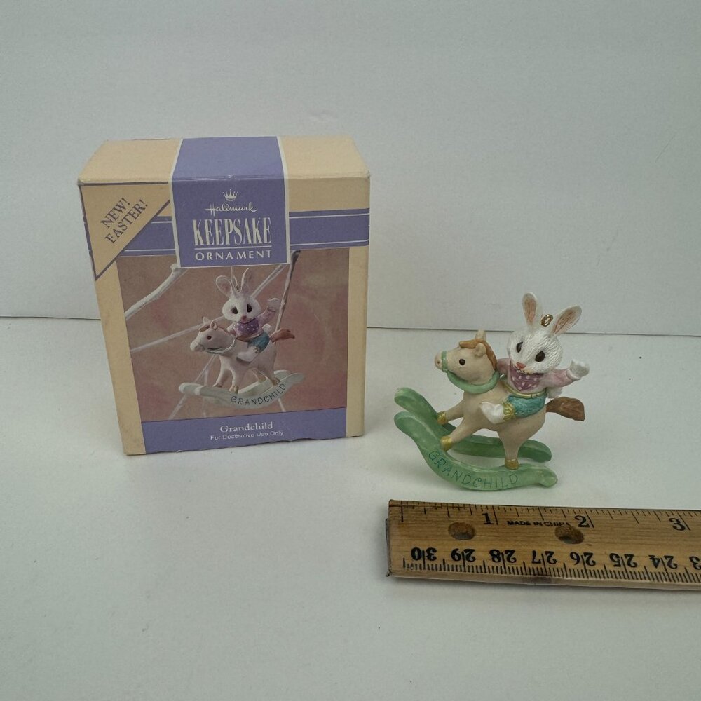 Vtg 1991 Hallmark Easter Bunny Rabbit Grandchild Ornament Cowboy Rocking Horse